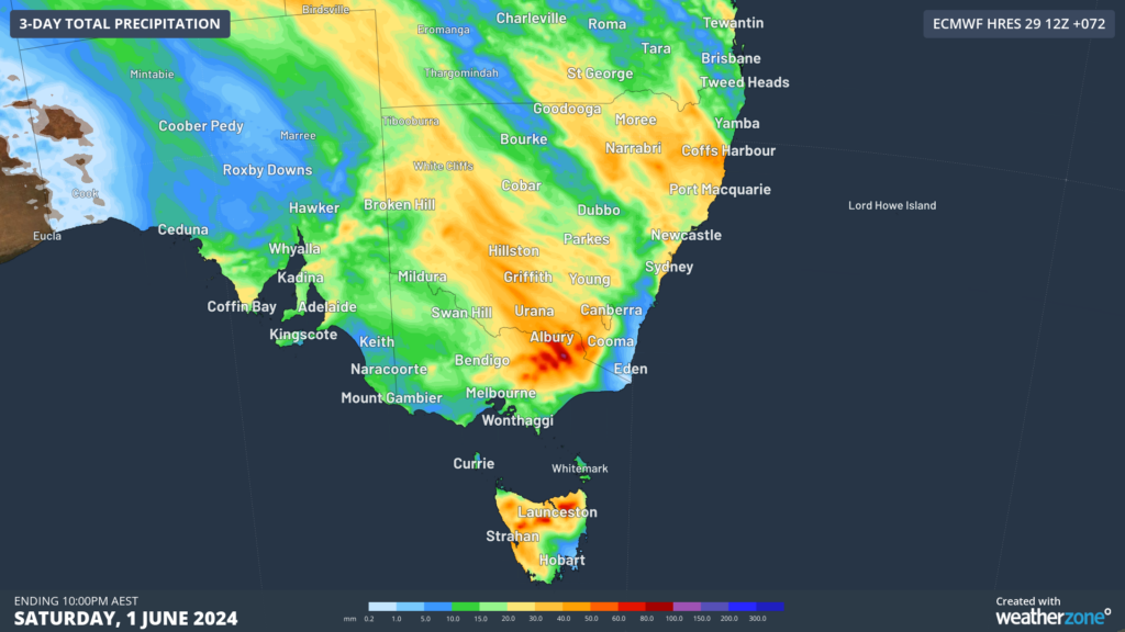 Forecast accumulated rain in southeastern Australia between Thursday and Saturday