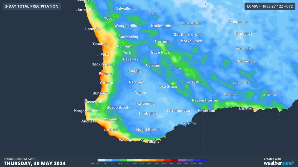 Forecast rain over the southwest of WA during the next three days.