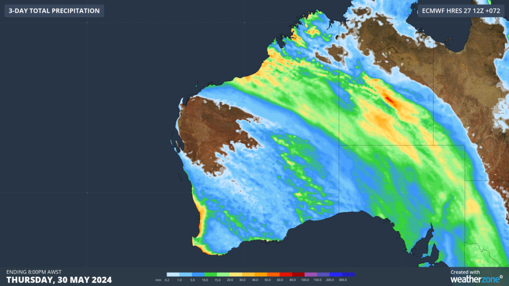 Forecast rain over WA between Tuesday and Thursday this week.