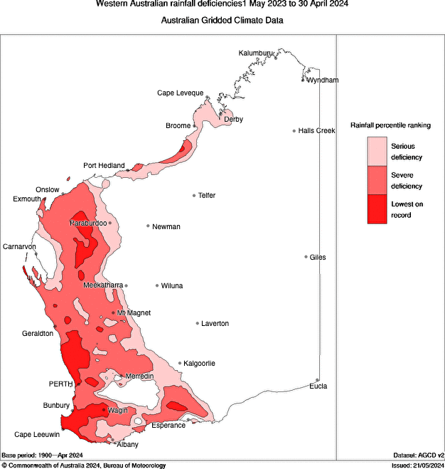 Rainfall deficiencies over WA during the last 12 months.