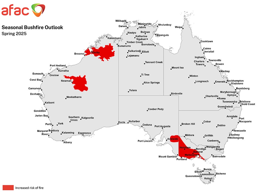 Parts of northern WA, eastern SA, and much of western and southern Vic are at an increased risk of fire this spring.