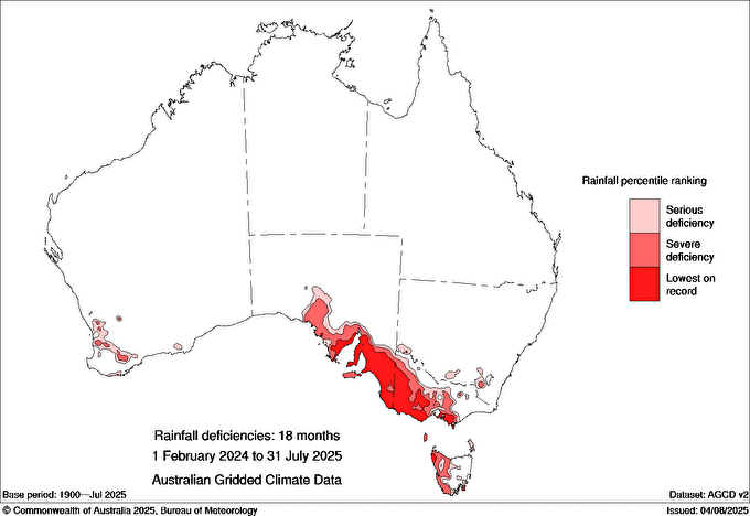 Much of southern SA, western and central Vic, and western Tas have had one of their driest 18 month period on record