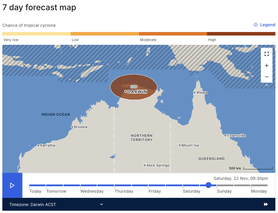 Map showing a ‘high’ risk of a tropical cyclone near the NT’s Top End on Saturday, November 22, 2025. At this stage, the centre of the system is likely to be located somewhere inside the brow-shaded ellipsis at 9:30pm ACST on Saturday, November 22, 2025.