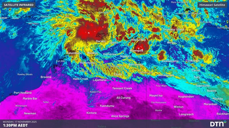 Enhanced infrared satellite image showing a tropical low near the Top End on Monday, November 17, 2025.